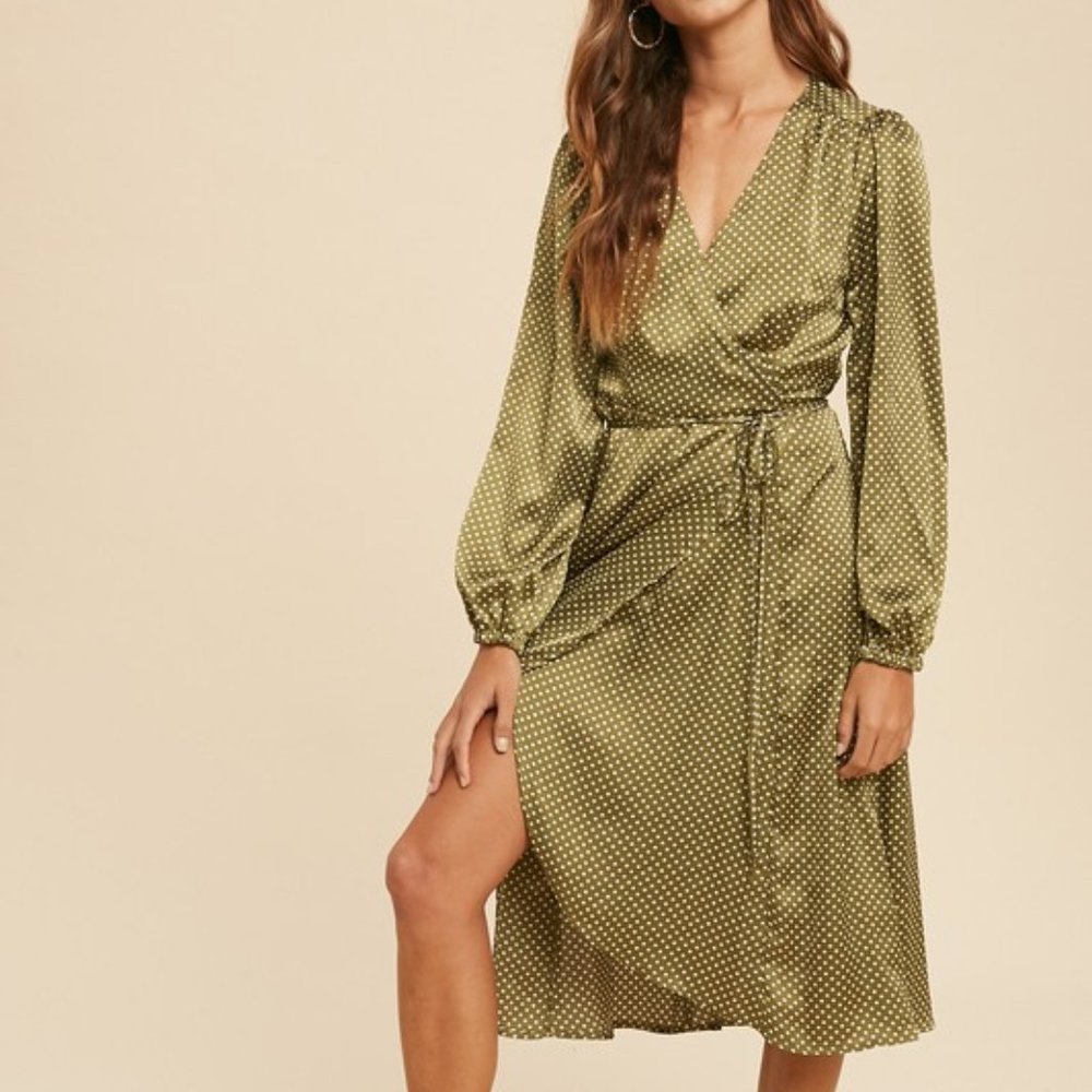 NWT Olive Satin Polka Dot Wrap Dress